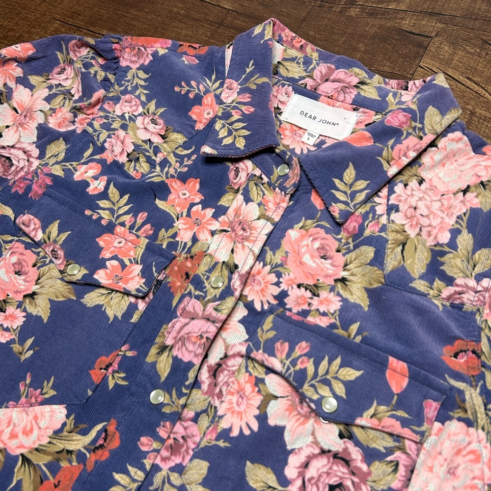 Dear John Corduroy Pearl Snap Shirt Womens L Pink Blue Floral Western Cowgirl - Picture 2 of 8